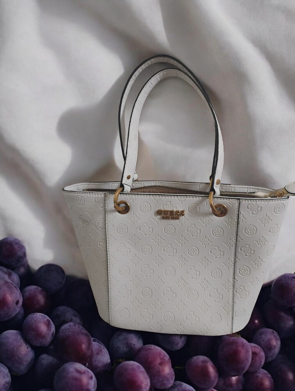 GUESS White Embossed Tote Bag